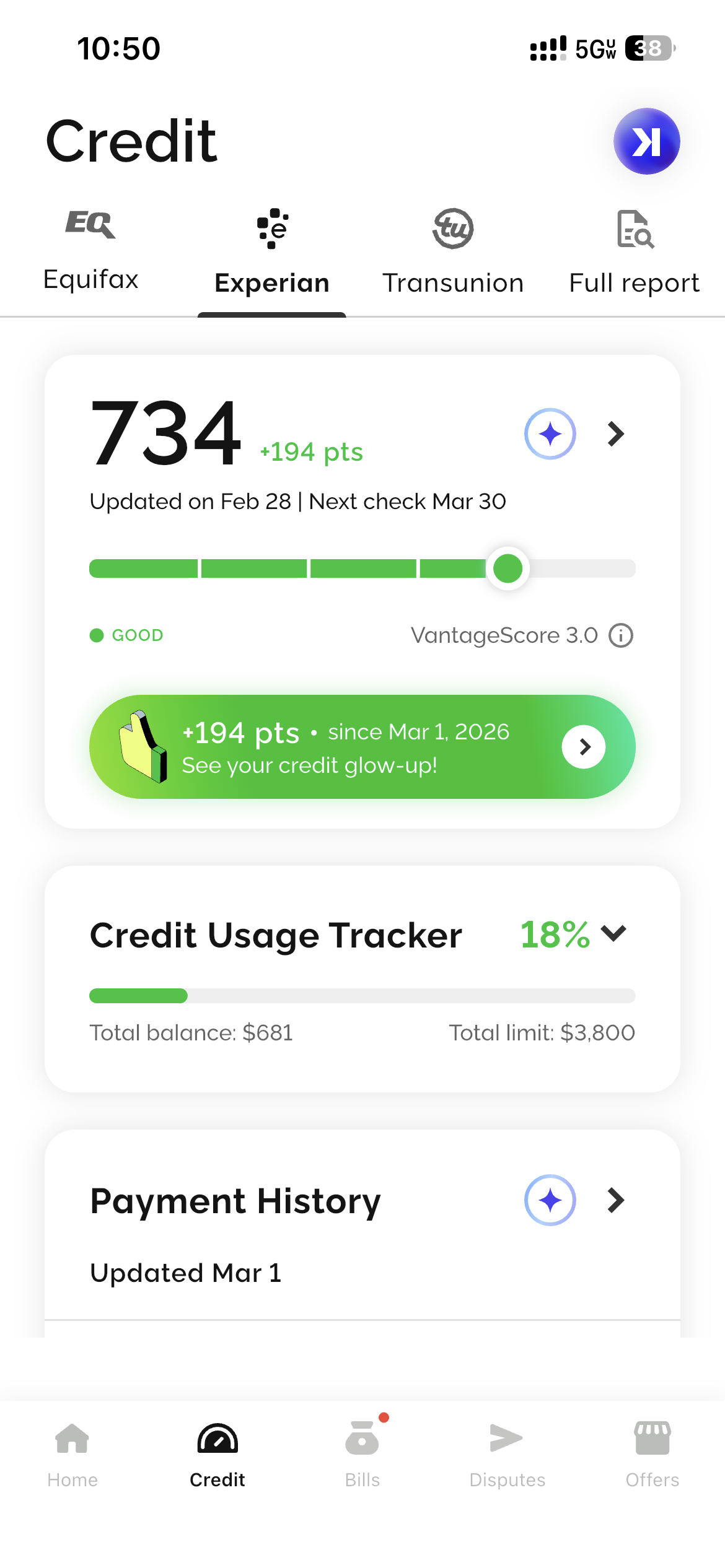 734 +194 pts Experian