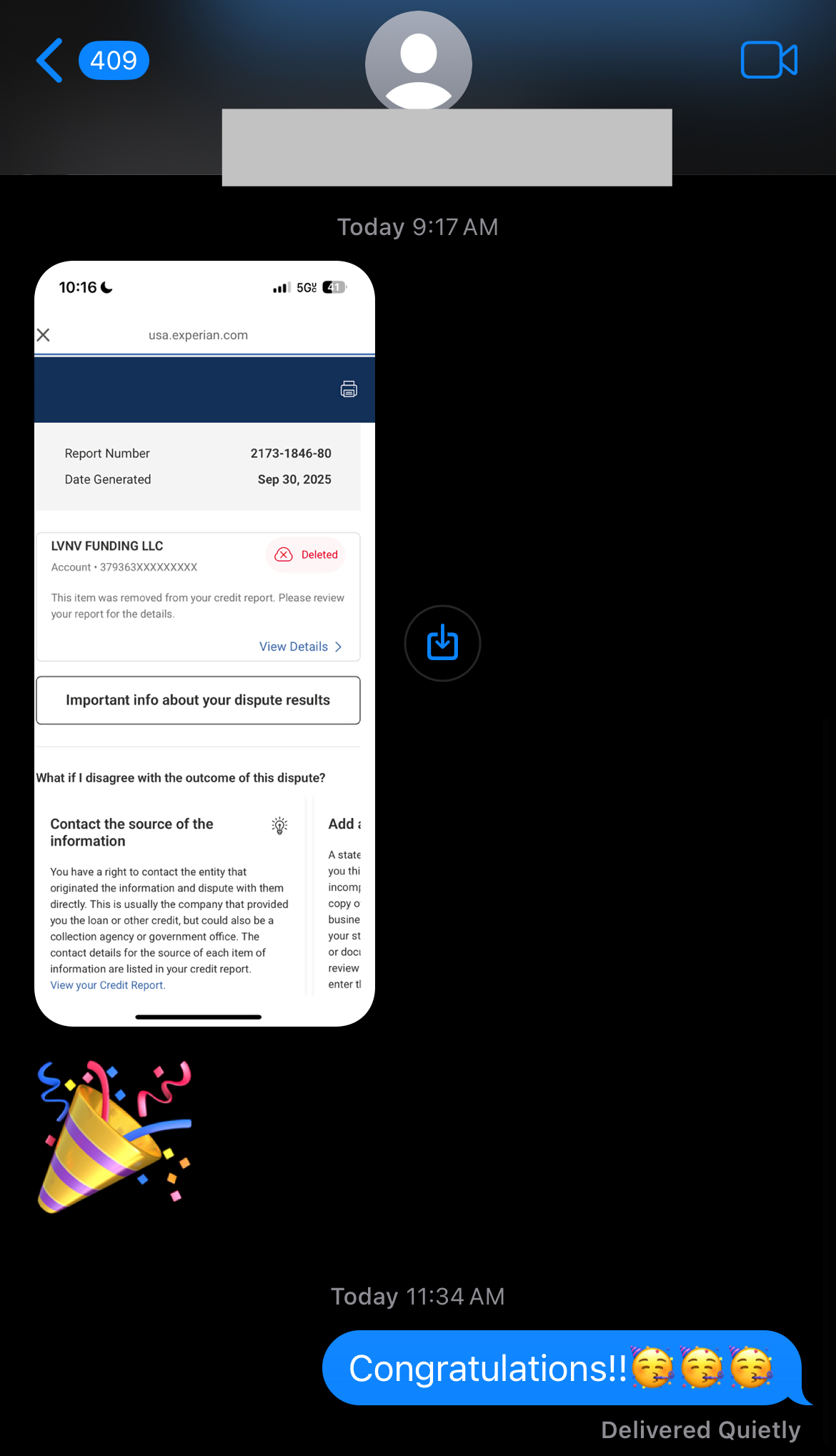 LVNV Funding deleted from Experian