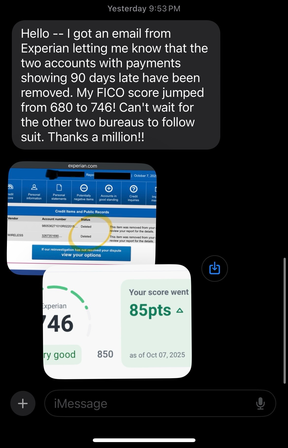 FICO jumped 680 to 746 Experian 85 pts
