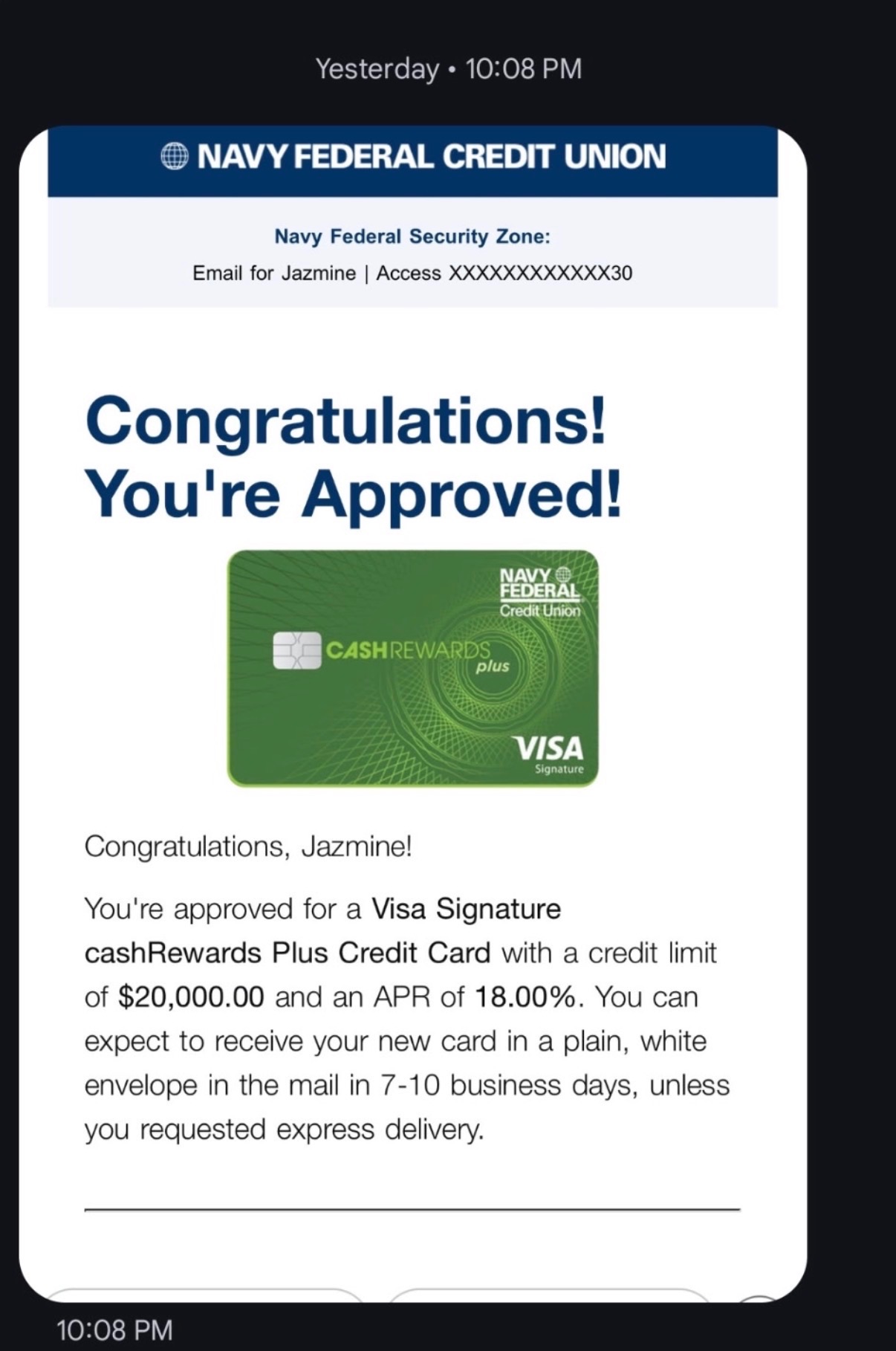 Navy Federal $20K Visa approved