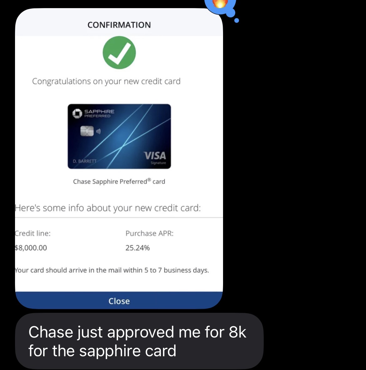 Chase Sapphire Preferred $8,000 credit line approved