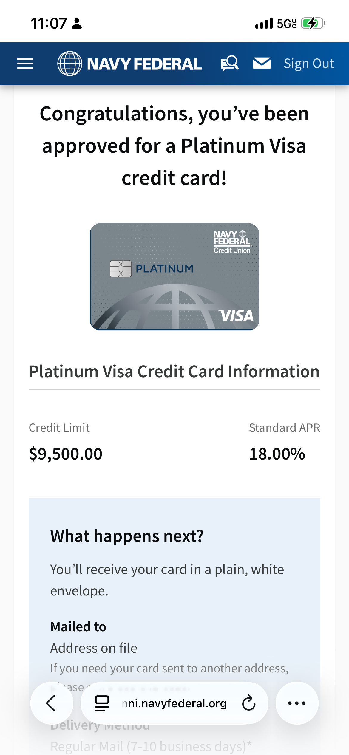 Navy Federal Platinum Visa $9,500 approved