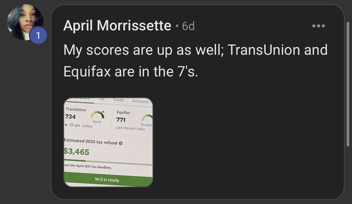 April: TransUnion 734 Equifax 771 in the 7s